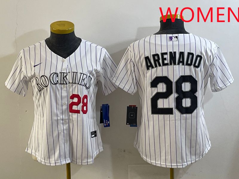 Women Colorado Rockies #28 Arenado White Stripe Game 2025 Nike MLB Jersey style 3